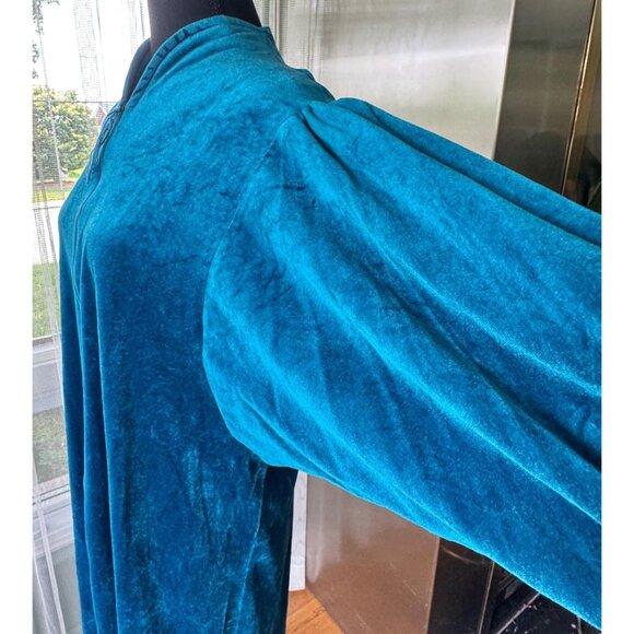 Vintage 80s robe, peacock blue velvet, batwing sleeves, front sipper, Sears - Picture 6 of 10